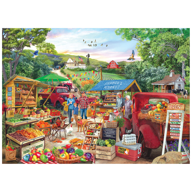 A lively rural farmers market with colorful produce, baked goods, flowers, and vintage red trucks is beautifully depicted in the ROSEART - KODAK PREMIUM - RED TRUCKS FARM MARKET 1000 piece jigsaw puzzle.