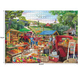 Enjoy the ROSEART KODAK Premium Red Trucks Farm Market 1000 piece jigsaw puzzle, featuring a vibrant rural scene with produce stands, shoppers, red trucks, and a countryside landscape—perfect for puzzle lovers.