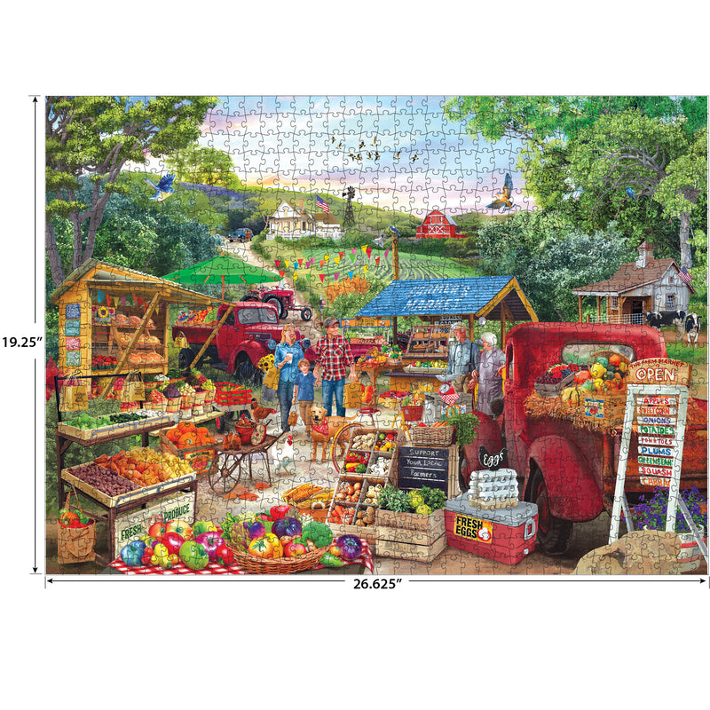 Enjoy the ROSEART KODAK Premium Red Trucks Farm Market 1000 piece jigsaw puzzle, featuring a vibrant rural scene with produce stands, shoppers, red trucks, and a countryside landscape—perfect for puzzle lovers.