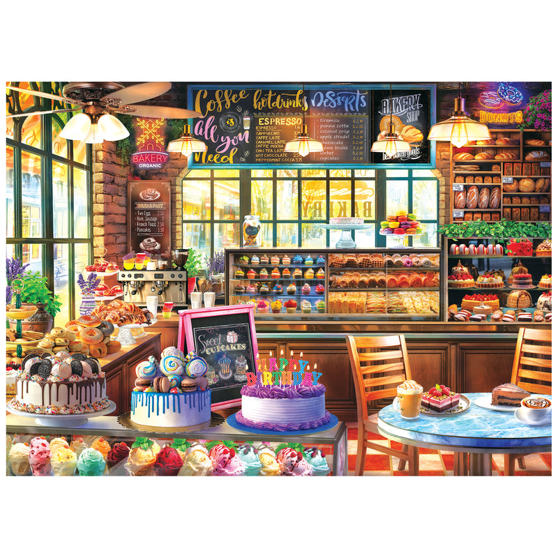 Bright bakery with cakes, cupcakes, pastries, and ice cream in the sunlight—THE BAKERY 1000 Piece Jigsaw Puzzle from ROSEART KODAK PREMIUM is a sweet challenge for puzzle fans.