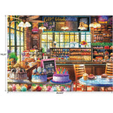 Bright bakery and coffee shop scene with cakes, cupcakes, pastries, tables, chalkboard menu, and shelves. ROSEART - KODAK PREMIUM - THE BAKERY 1000 piece jigsaw puzzle—detailed interior perfect for puzzlers.