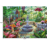 ROSEART KODAK PREMIUM Victorian Greenhouse 1000-piece jigsaw puzzle features a sunlit conservatory with lush plants, blooming flowers, iron tables and chairs, and an arched glass ceiling. Finished size: 19.25 x 26.625 inches.