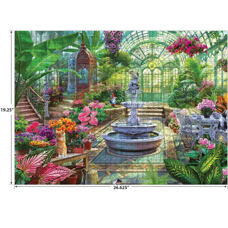 ROSEART KODAK PREMIUM Victorian Greenhouse 1000-piece jigsaw puzzle features a sunlit conservatory with lush plants, blooming flowers, iron tables and chairs, and an arched glass ceiling. Finished size: 19.25 x 26.625 inches.