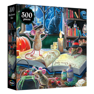 The ROSEART - HALLOWEEN - MISCHIEVOUS MICE 500 PIECE JIGSAW PUZZLE showcases mice in witch hats exploring a magical study with spell books, potions, candles, a black cat, and a pumpkin—perfect for Halloween puzzling.