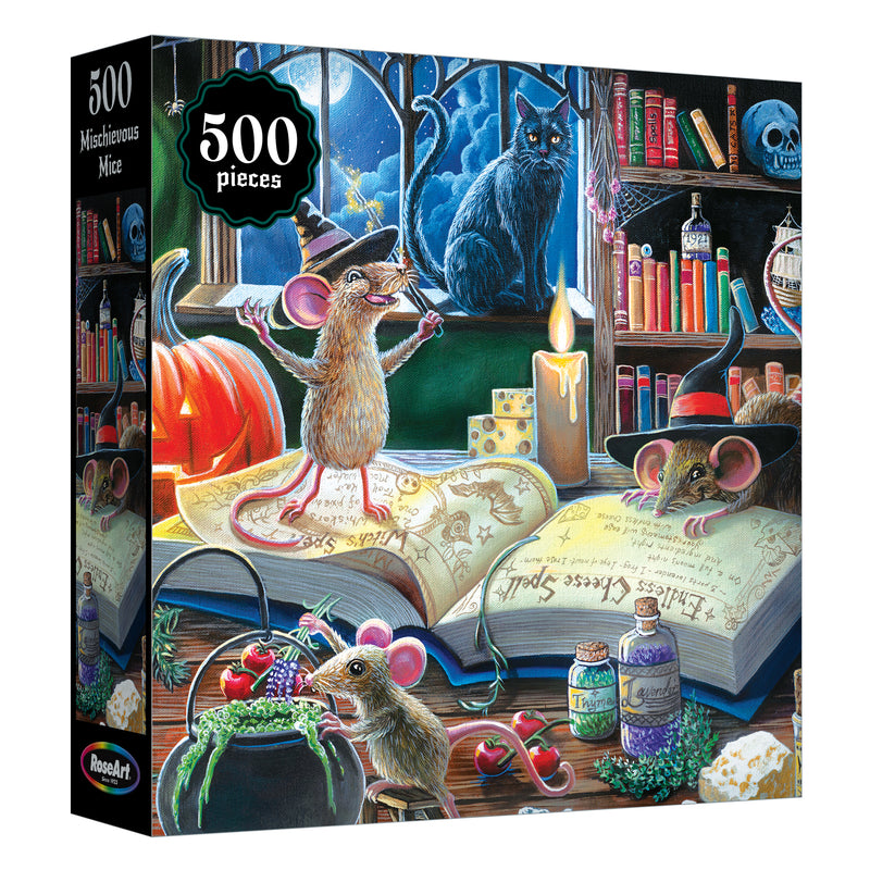 The ROSEART - HALLOWEEN - MISCHIEVOUS MICE 500 PIECE JIGSAW PUZZLE showcases mice in witch hats exploring a magical study with spell books, potions, candles, a black cat, and a pumpkin—perfect for Halloween puzzling.