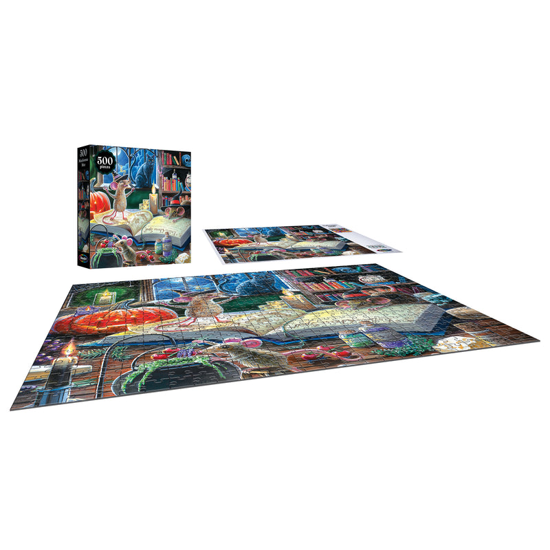 The ROSEART - HALLOWEEN - MISCHIEVOUS MICE 500 piece jigsaw puzzle is shown partially assembled on a flat surface, with its box and image reference sheet nearby.