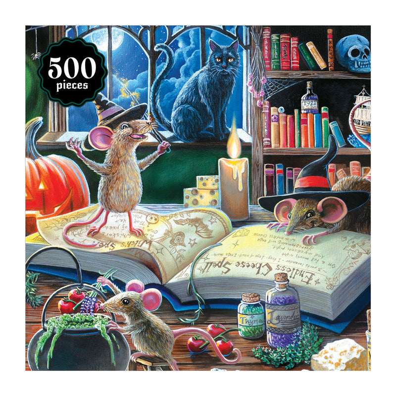 The ROSEART HALLOWEEN MISCHIEVOUS MICE 500 piece jigsaw puzzle features three mice dressed as witches brewing potions in a magical room filled with spell books and spooky décor—perfect for Halloween fun!.