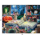 ROSEART - HALLOWEEN - MISCHIEVOUS MICE - 500 PIECE JIGSAW PUZZLE features three playful mice in a Halloween room with potions, books, candles, a jack-o’-lantern, black cat, and a mouse in a witch hat—perfect for spooky fun!.