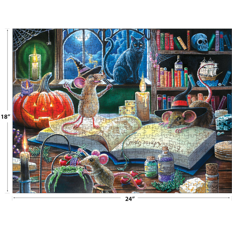 ROSEART - HALLOWEEN - MISCHIEVOUS MICE - 500 PIECE JIGSAW PUZZLE features three playful mice in a Halloween room with potions, books, candles, a jack-o’-lantern, black cat, and a mouse in a witch hat—perfect for spooky fun!.