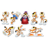 The ROSEART - MINI SHAPED - CHEETOS - 500 PIECE JIGSAW PUZZLES features a cartoon cheetah in various poses, such as eating and jumping. Donning sunglasses and sneakers, this groovy character brings a lively touch to each puzzle piece.