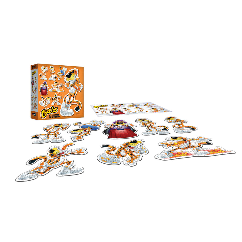 The ROSEART MINI SHAPED CHEETOS 500-piece jigsaw puzzle showcases multiple cartoon images of a playful cheetah character in various poses, with matching box art. Ideal for puzzle lovers and fans of Cheetos-themed designs!.