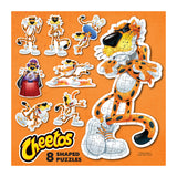 Image of a ROSEART Mini Shaped Cheetos 500-piece jigsaw puzzle with pieces featuring a cartoon cheetah in diverse poses and outfits, set against an orange background with the iconic Cheetos logo, embodying the playful essence of the beloved cheesy snack.