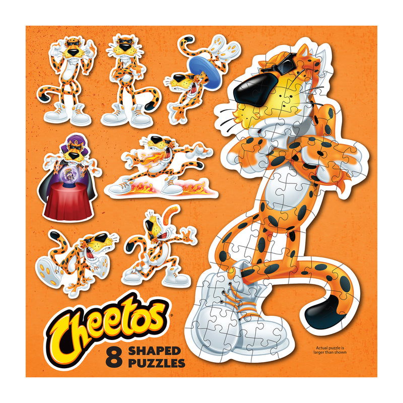 Image of a ROSEART Mini Shaped Cheetos 500-piece jigsaw puzzle with pieces featuring a cartoon cheetah in diverse poses and outfits, set against an orange background with the iconic Cheetos logo, embodying the playful essence of the beloved cheesy snack.