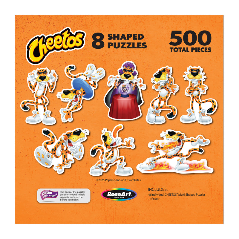 Introducing the ROSEART - MINI SHAPED - CHEETOS - 500 PIECE JIGSAW PUZZLES box, featuring eight unique shapes of Cheetahs and iconic branding for an immersive experience.