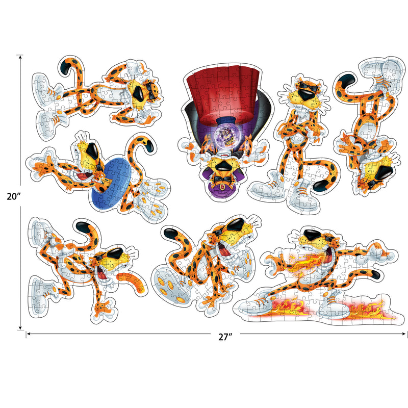 The ROSEART - MINI SHAPED - CHEETOS puzzle, a 500-piece set measuring 20x27 inches, includes eight vibrant Garfield pieces showcasing the quirky cat in playful poses, such as wearing a top hat, ideal for Cheetos fans.