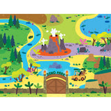 Illustration of a dinosaur-themed park with a volcano, rivers, trees, a gate labeled "Dino Park," and a safari vehicle with visitors exploring the area in the RoseArt-Floor Puzzle with 8 Figures-Dinosaur Park Adventure-24 Piece Jigsaw Puzzle.