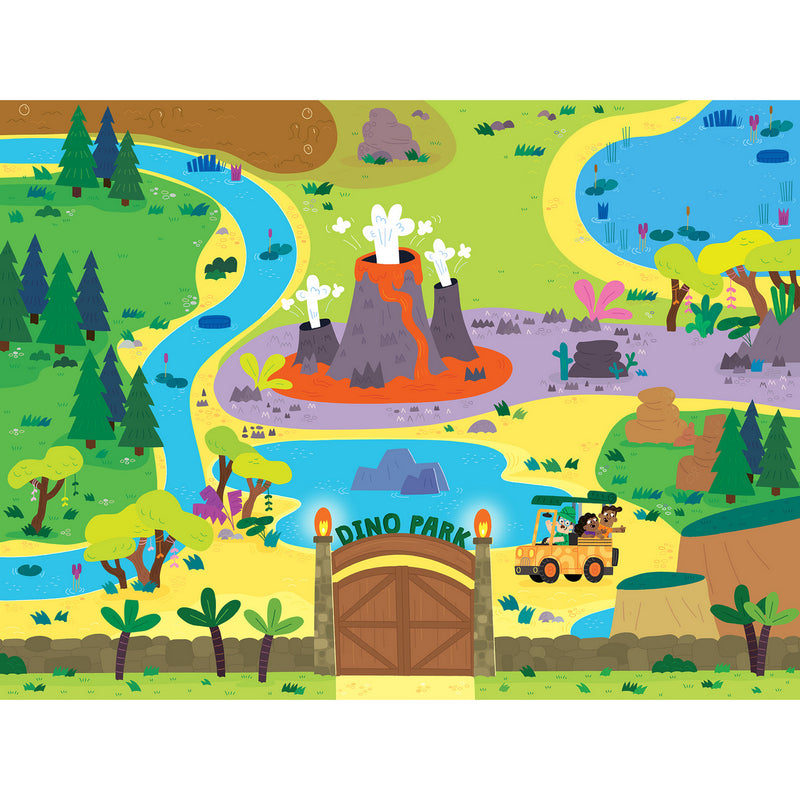 Illustration of a dinosaur-themed park with a volcano, rivers, trees, a gate labeled "Dino Park," and a safari vehicle with visitors exploring the area in the RoseArt-Floor Puzzle with 8 Figures-Dinosaur Park Adventure-24 Piece Jigsaw Puzzle.