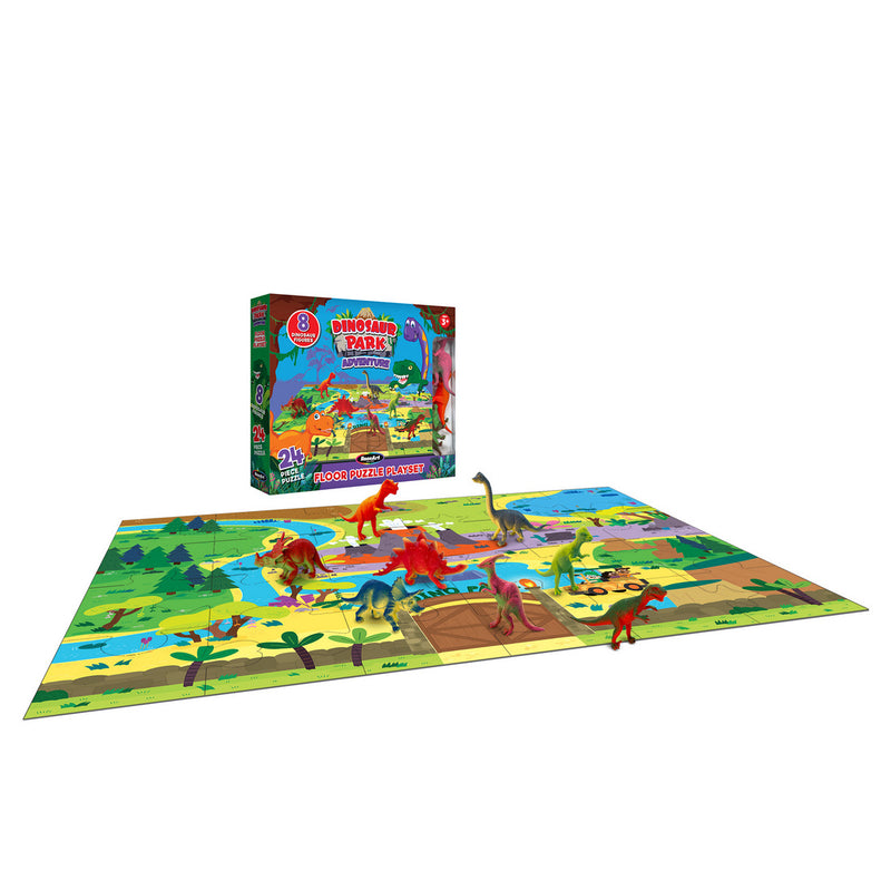 RoseArt-Floor Puzzle with 8 Figures-Dinosaur Park Adventure-24 Piece Jigsaw Puzzle featuring a colorful play mat with various dinosaurs and trees. A box labeled "RoseArt-Floor Puzzle with 8 Figures-Dinosaur Park Adventure-24 Piece Jigsaw Puzzle" is shown in the background.