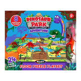RoseArt-Floor Puzzle with 8 Figures-Dinosaur Park Adventure-24 Piece Jigsaw Puzzle for ages 3+, includes 8 dinosaur figures and a 24-piece puzzle. Packaging shows colorful illustrations of dinosaurs and the playset setup.