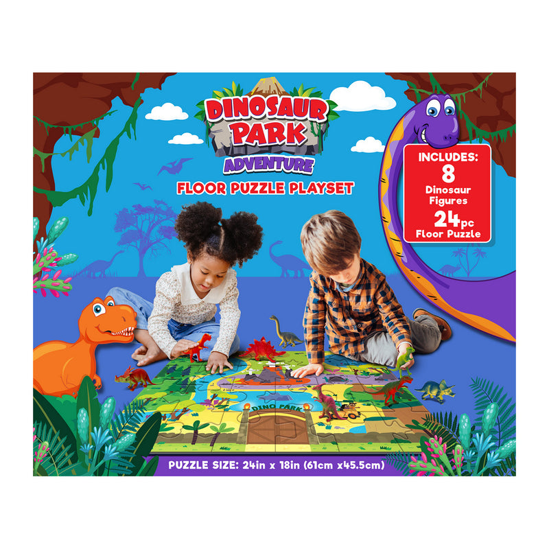 Two children play with a RoseArt-Floor Puzzle with 8 Figures-Dinosaur Park Adventure-24 Piece Jigsaw Puzzle, which includes 8 dinosaur figures and a 24-piece floor puzzle. The box features bright, colorful illustrations of various dinosaurs.