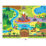 Illustration of RoseArt-Floor Puzzle with 8 Figures-Dinosaur Park Adventure-24 Piece Jigsaw Puzzle featuring various landscapes, a volcano, a river, and an entrance gate. A jeep is shown traveling on a path. Dimensions: 18 inches high by 24 inches wide.