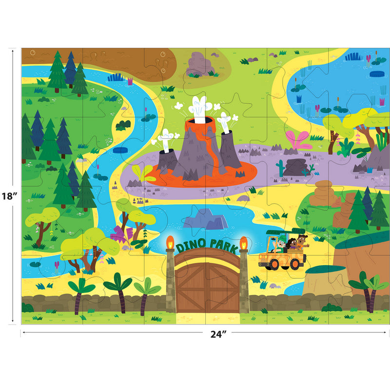 Illustration of RoseArt-Floor Puzzle with 8 Figures-Dinosaur Park Adventure-24 Piece Jigsaw Puzzle featuring various landscapes, a volcano, a river, and an entrance gate. A jeep is shown traveling on a path. Dimensions: 18 inches high by 24 inches wide.