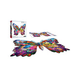 A completed RoseArt - BIG SHAPED - Beautiful Butterfly - 500 Piece Jigsaw Puzzle with vibrant colors is displayed in front of its packaging and a partly assembled puzzle piece chart. The box reads "500 pieces" and shows the puzzle's image.