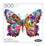 A 500-piece butterfly-shaped puzzle by RoseArt - BIG SHAPED - Beautiful Butterfly - 500 Piece Jigsaw Puzzle, featuring a colorful butterfly with floral and butterfly patterns on its wings.
