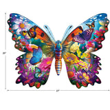 A colorful, butterfly-shaped jigsaw puzzle with a width of 27 inches and height of 20 inches, featuring vibrant images of flowers and smaller butterflies on its wings: RoseArt - BIG SHAPED - Beautiful Butterfly - 500 Piece Jigsaw Puzzle.