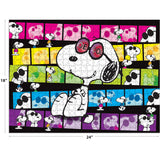 Colorful puzzle featuring Snoopy in various poses with the word "Joe Cool" on his sunglasses, against a background of multicolored rectangles. Puzzle dimensions are 18 inches by 24 inches. The product name is RoseArt - PEANUTS - Joe Cool - 300 Piece Jigsaw Puzzle.