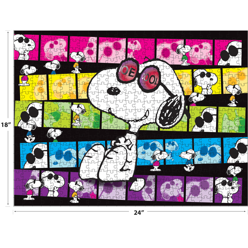 Colorful puzzle featuring Snoopy in various poses with the word "Joe Cool" on his sunglasses, against a background of multicolored rectangles. Puzzle dimensions are 18 inches by 24 inches. The product name is RoseArt - PEANUTS - Joe Cool - 300 Piece Jigsaw Puzzle.