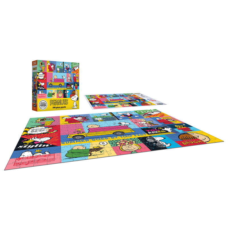 A completed RoseArt - PEANUTS - Peanuts Vibes - 300 Piece Jigsaw Puzzle and its packaging box. The puzzle features colorful, individual panels with characters like Snoopy, Charlie Brown, and others. Box and extra section of the puzzle are shown.