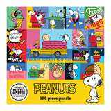 RoseArt - PEANUTS - Peanuts Vibes - 300 Piece Jigsaw Puzzle featuring various colorful comic scenes with Snoopy, Charlie Brown, and other characters. Includes text like "Need Vacation" and "Good Grief!" along with a bonus puzzle poster.