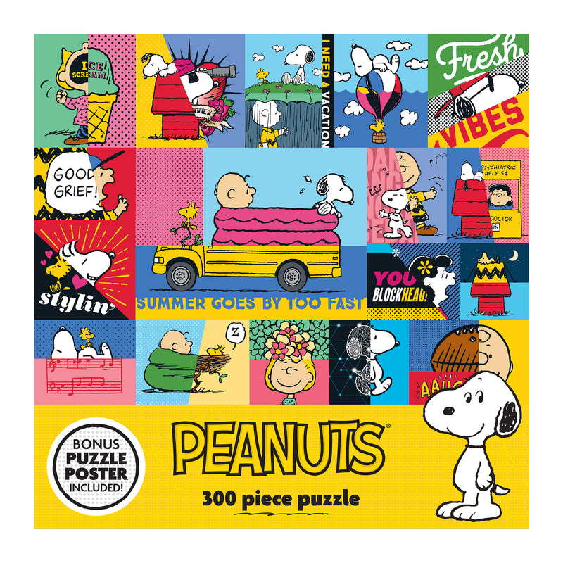 RoseArt - PEANUTS - Peanuts Vibes - 300 Piece Jigsaw Puzzle featuring various colorful comic scenes with Snoopy, Charlie Brown, and other characters. Includes text like "Need Vacation" and "Good Grief!" along with a bonus puzzle poster.