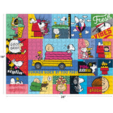 A colorful 18x24 inch jigsaw puzzle featuring various Snoopy-themed images and comic panels, including Snoopy in different costumes and settings, with phrases such as "Good Grief!" and "Summer goes by too fast," RoseArt - PEANUTS - Peanuts Vibes - 300 Piece Jigsaw Puzzle.