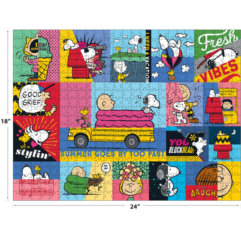 A colorful 18x24 inch jigsaw puzzle featuring various Snoopy-themed images and comic panels, including Snoopy in different costumes and settings, with phrases such as "Good Grief!" and "Summer goes by too fast," RoseArt - PEANUTS - Peanuts Vibes - 300 Piece Jigsaw Puzzle.