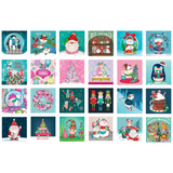 A grid of 24 vivid, holiday-themed illustrations featuring Santa, penguins, snowmen, wreaths, and Christmas trees embodies the spirit of the RoseArt-Holiday Advent Calendar with its festive decorations.
