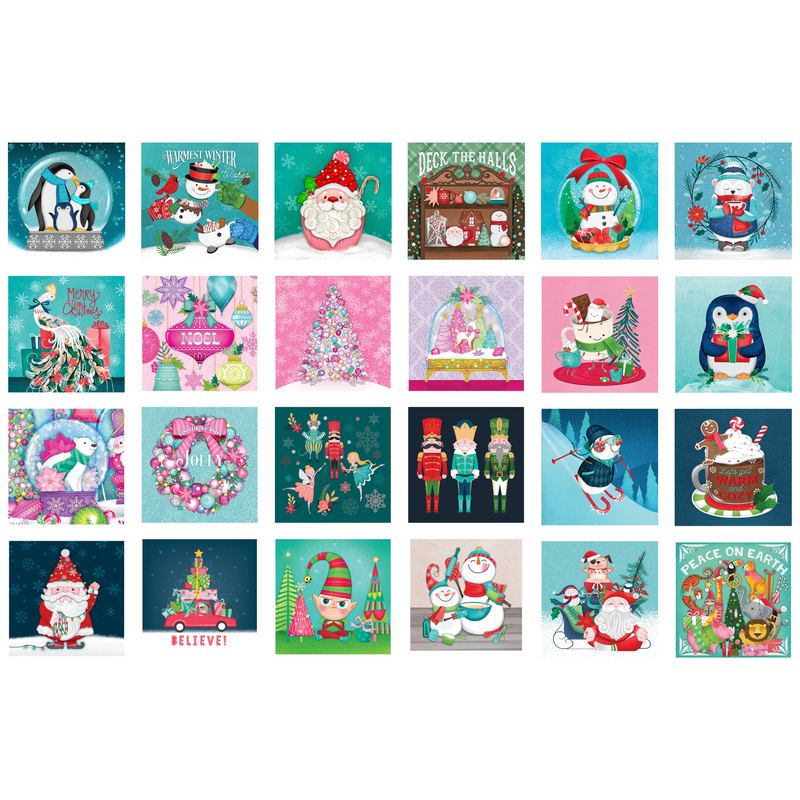 A grid of 24 vivid, holiday-themed illustrations featuring Santa, penguins, snowmen, wreaths, and Christmas trees embodies the spirit of the RoseArt-Holiday Advent Calendar with its festive decorations.