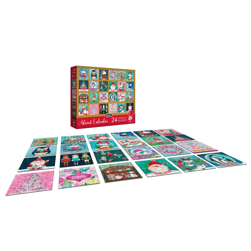 Box of a RoseArt-Holiday Advent Calendar with 24 different jigsaw puzzles featuring holiday-themed images, including Santa Claus, Christmas trees, and snowmen, spread out in front of the box.