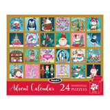 Image of a RoseArt-Holiday Advent Calendar featuring 24 individual puzzles with festive illustrations, including Santa, snowmen, Christmas trees, and other holiday-themed scenes.