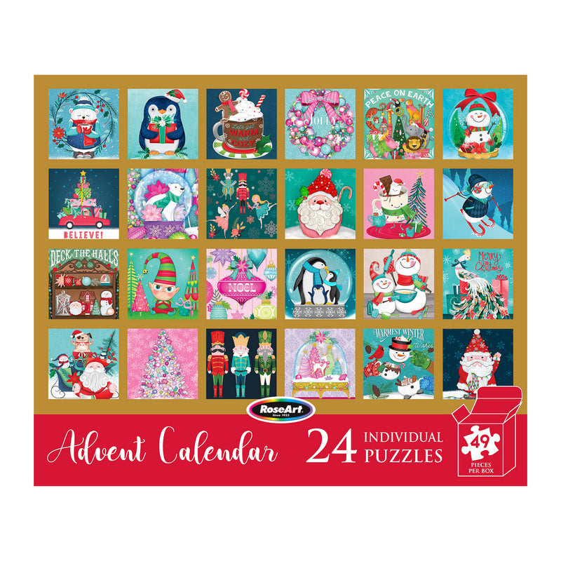 Image of a RoseArt-Holiday Advent Calendar featuring 24 individual puzzles with festive illustrations, including Santa, snowmen, Christmas trees, and other holiday-themed scenes.