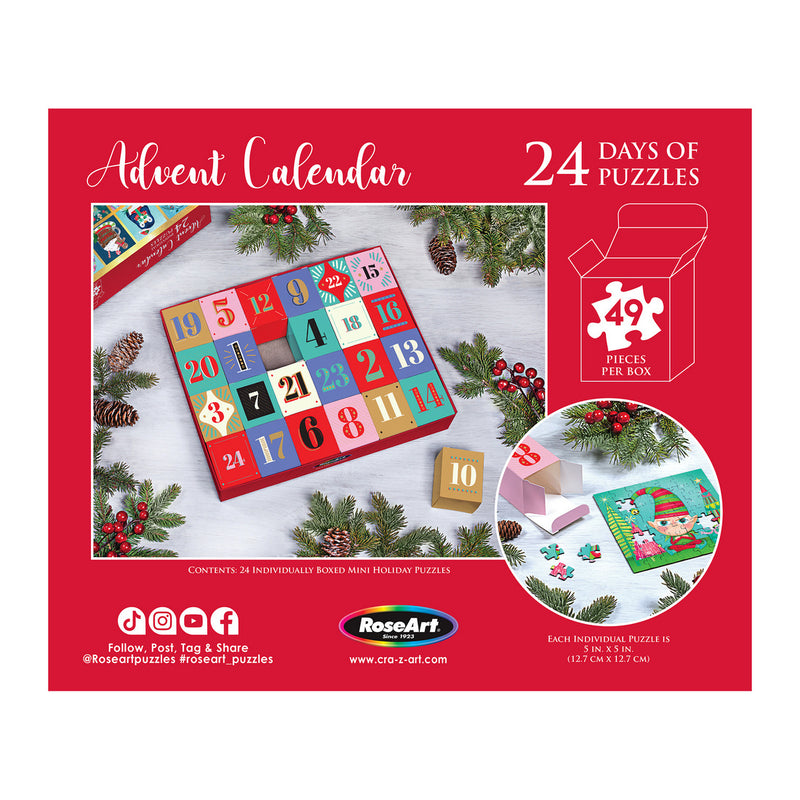RoseArt-Holiday Advent Calendar with 24 days of puzzles. Each box contains a 49-piece puzzle. Image includes puzzle pieces and a completed puzzle scene.