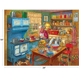 Amidst a bustling kitchen scene like the RoseArt - KODAK Premium - Grandma's Kitchen - 350 Piece Jigsaw Puzzle, an elderly woman bakes pies with jars and utensils. A dog waits by the blue stove while the cluttered table overflows, capturing inviting moments of warmth.