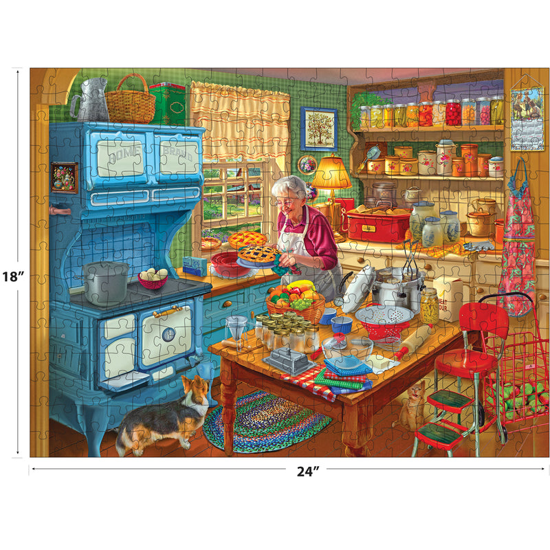 Amidst a bustling kitchen scene like the RoseArt - KODAK Premium - Grandma's Kitchen - 350 Piece Jigsaw Puzzle, an elderly woman bakes pies with jars and utensils. A dog waits by the blue stove while the cluttered table overflows, capturing inviting moments of warmth.