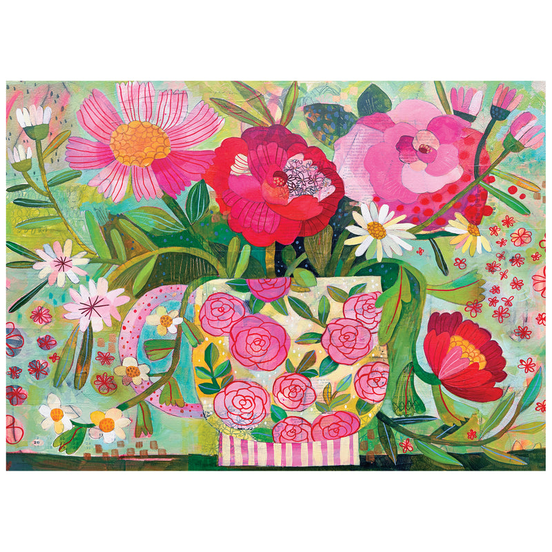 The ROSEART-SOFT TOUCH-CUP FULL OF ROSIE-1000 PIECE JIGSAW PUZZLE features a vibrant vase with pink and red flowers, green leaves, and blossoms on a light blue background for a delightful puzzling experience.