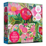 Box of ROSEART-SOFT TOUCH-CUP FULL OF ROSIE 1000 piece jigsaw puzzle featuring a floral teapot with pink and red flowers; "Soft Touch" label highlights its luxurious velvet finish.