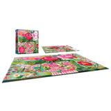 A completed ROSEART-SOFT TOUCH-CUP FULL OF ROSIE-1000 PIECE JIGSAW PUZZLE with its box is displayed, showcasing a vibrant floral design.