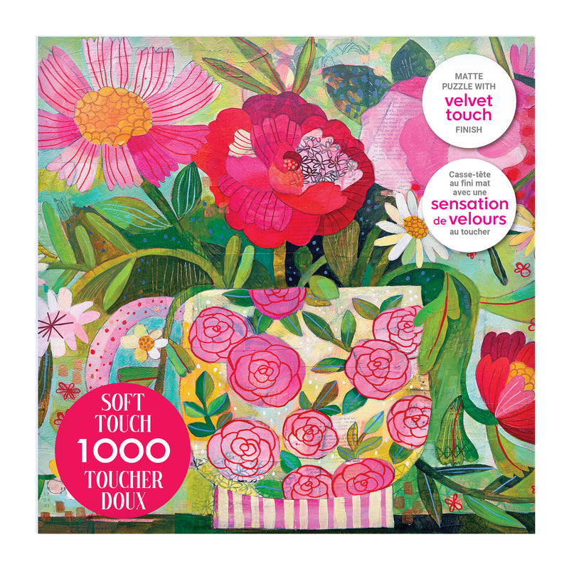 The ROSEART-SOFT TOUCH-CUP FULL OF ROSIE-1000 PIECE JIGSAW PUZZLE features a colorful floral illustration and comes in a matte, soft velvet finish box labeled "SOFT TOUCH 1000 TOUCHER DOUX.