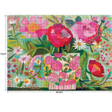 The ROSEART-SOFT TOUCH-CUP FULL OF ROSIE 1000 piece jigsaw puzzle measures 19.25" x 26.625" and features a cheerful, colorful floral vase scene on a green background.