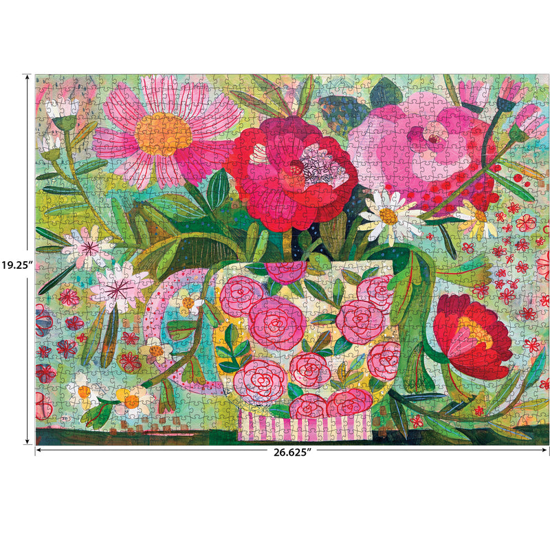 The ROSEART-SOFT TOUCH-CUP FULL OF ROSIE 1000 piece jigsaw puzzle measures 19.25" x 26.625" and features a cheerful, colorful floral vase scene on a green background.